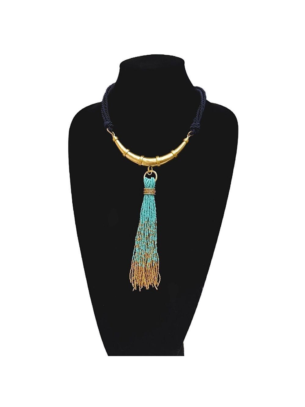 CHICO’S | Navy Rope & Aqua Beaded Tassel Golden Collar Necklace | NEW